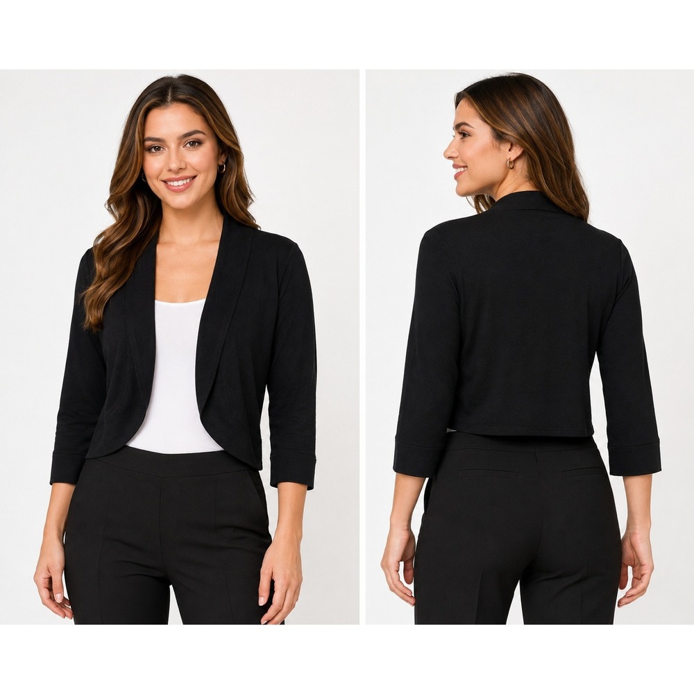 Jessica Howard Womens Black Open Front Shrug Cardigan Cropped Long Sleeve Large